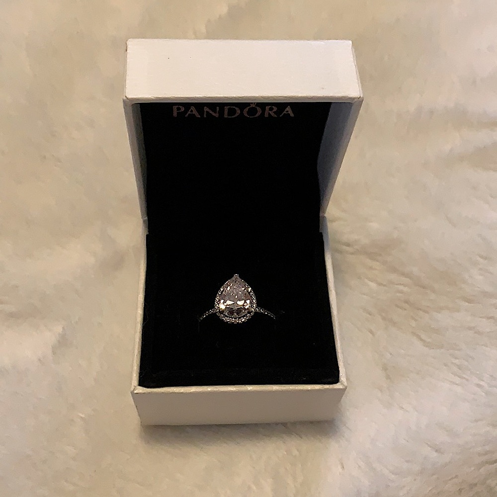 Teardrop Pear Halo Pandora Ring with box and packaging